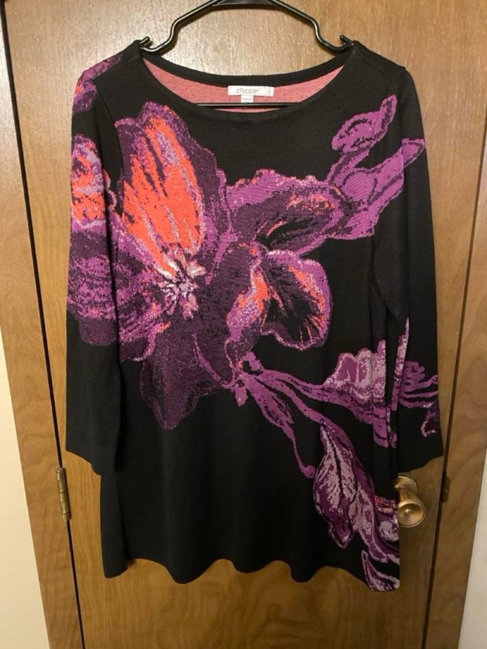 Chico's Black Tunic with Purple & Coral Floral Print